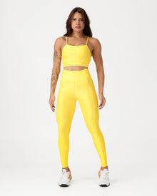 Conjunto Canelado Top de Alça e Calça Legging com Bolso Poliamida Amarelo Canário