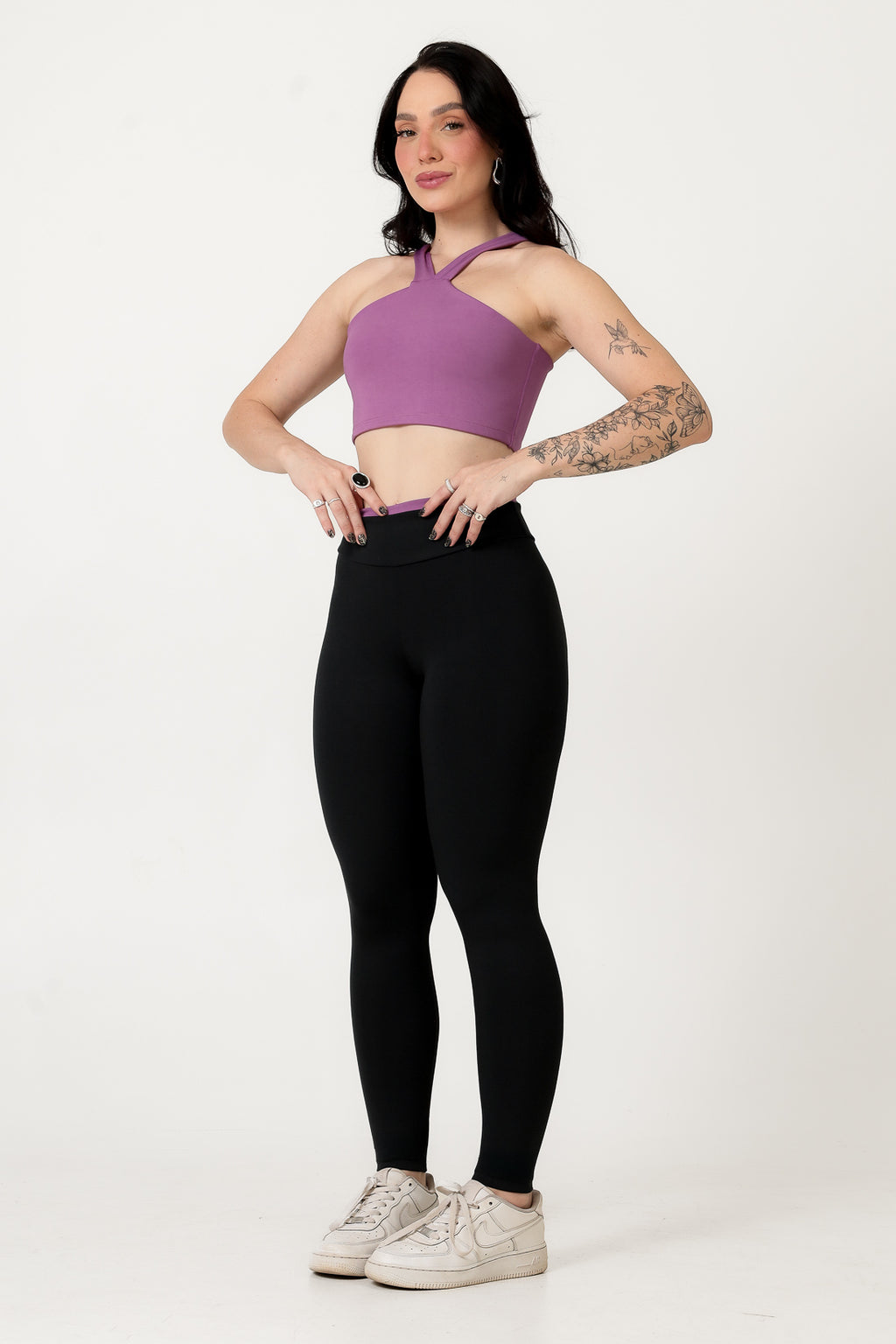 Conjunto Bicolor Top Alça V e Calça Legging Roxo/Preto (1)