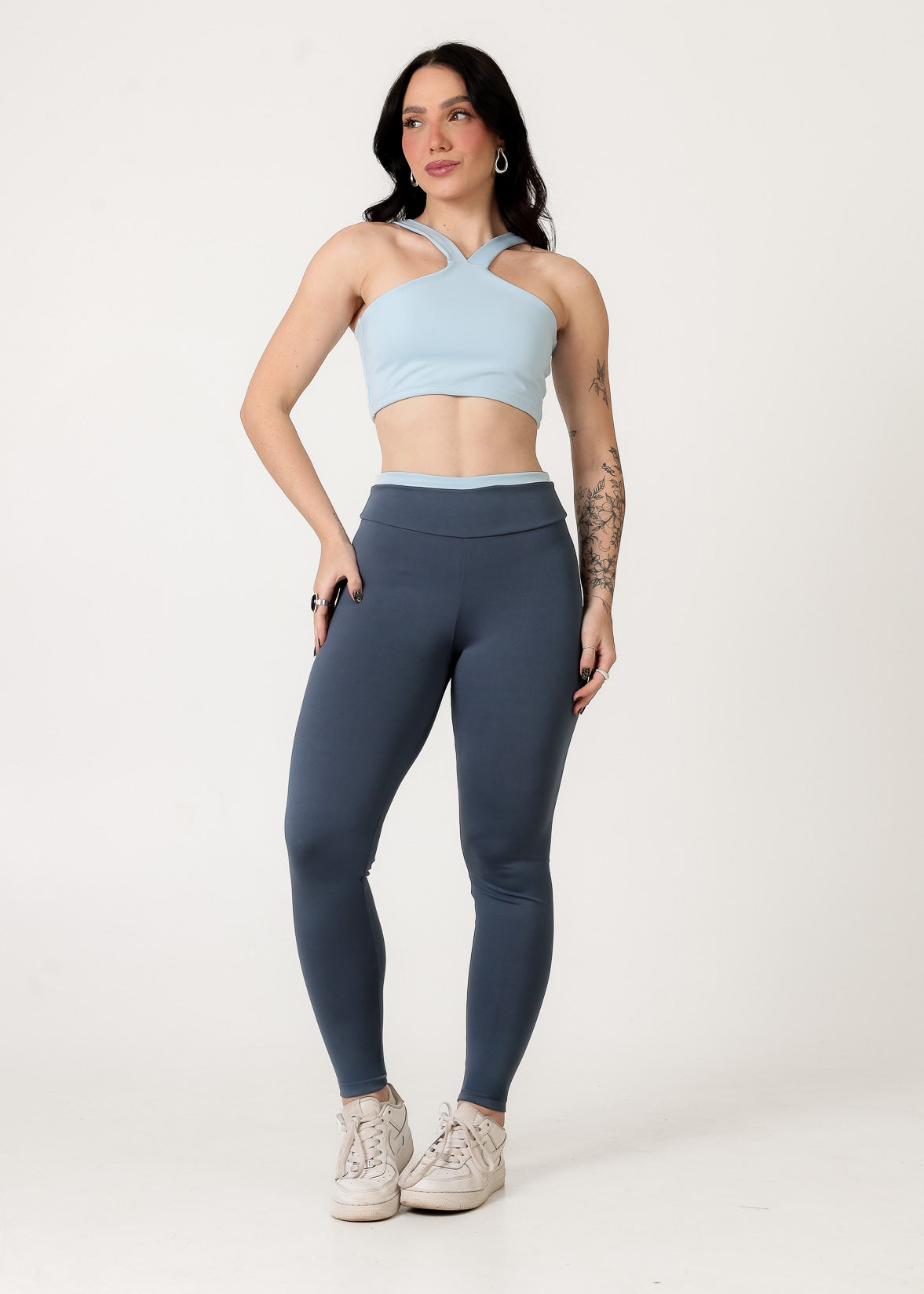 Conjunto Bicolor Top Alça V e Calça Legging Azul Bebê/Cinza Médio (1)