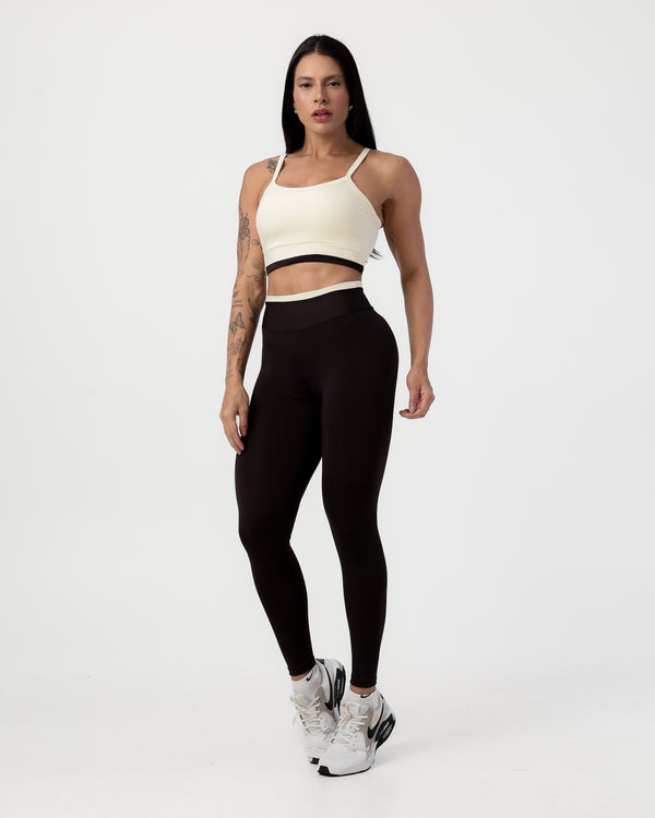 Conjunto Bicolor Top de Alça e Calça Legging em Poliéster Off/Chocolate (1)