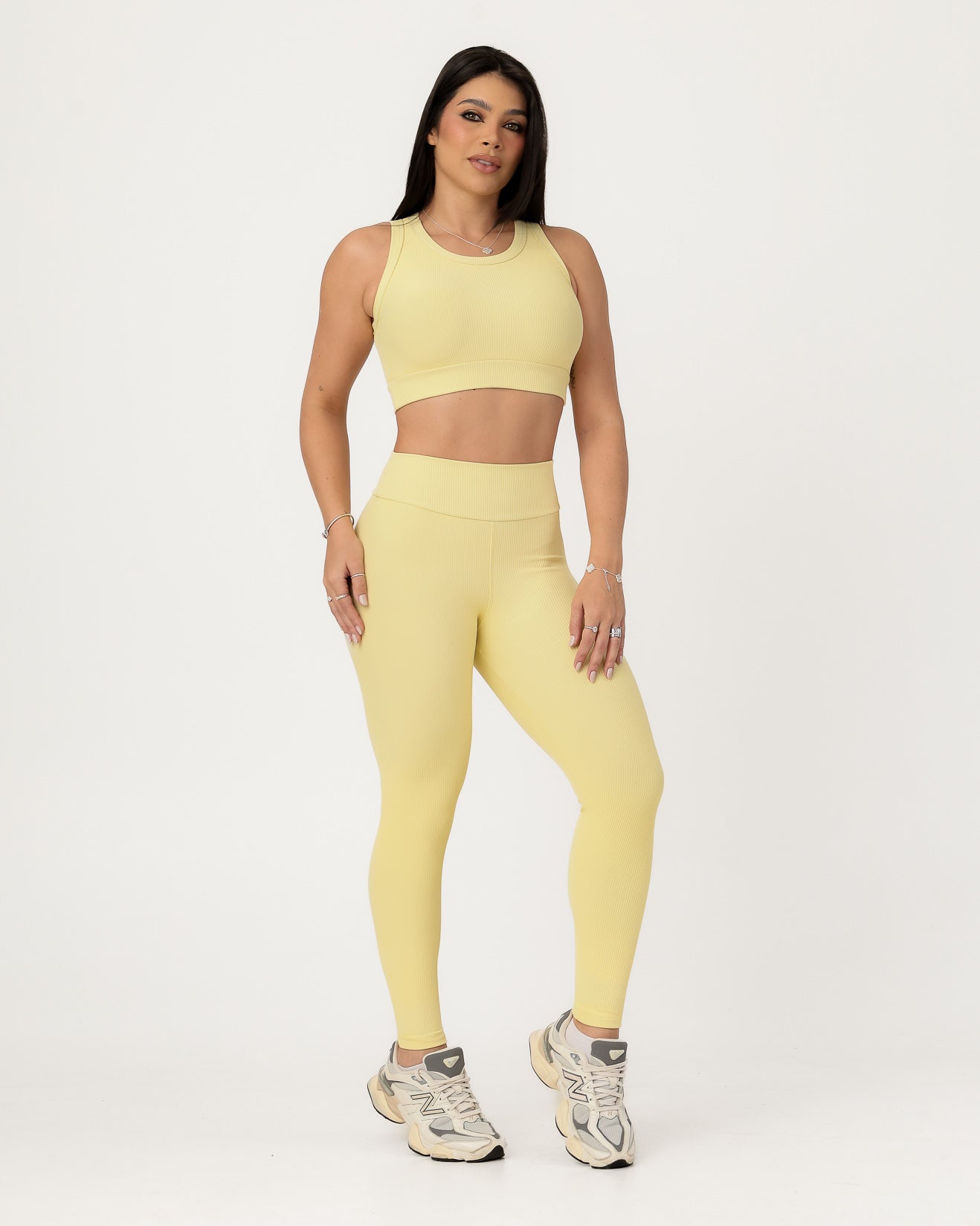 Conjunto Canelado Relevo 3D Cropped Regata e Calça Legging Amarelo Suave (1)