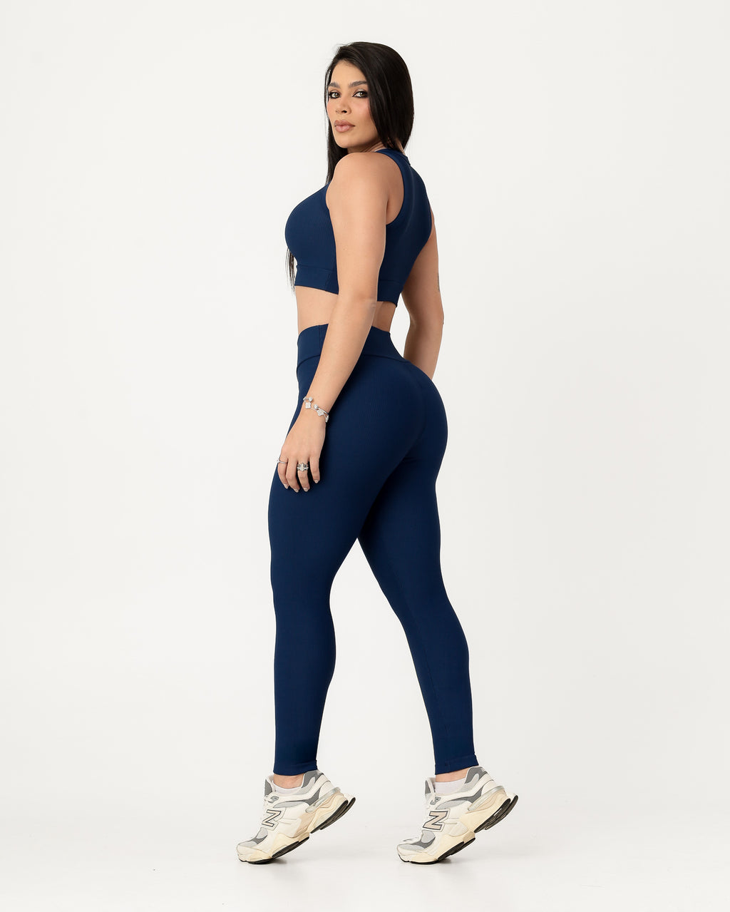 Conjunto Canelado Relevo 3D Cropped Regata e Calça Legging Azul Marinho (1)