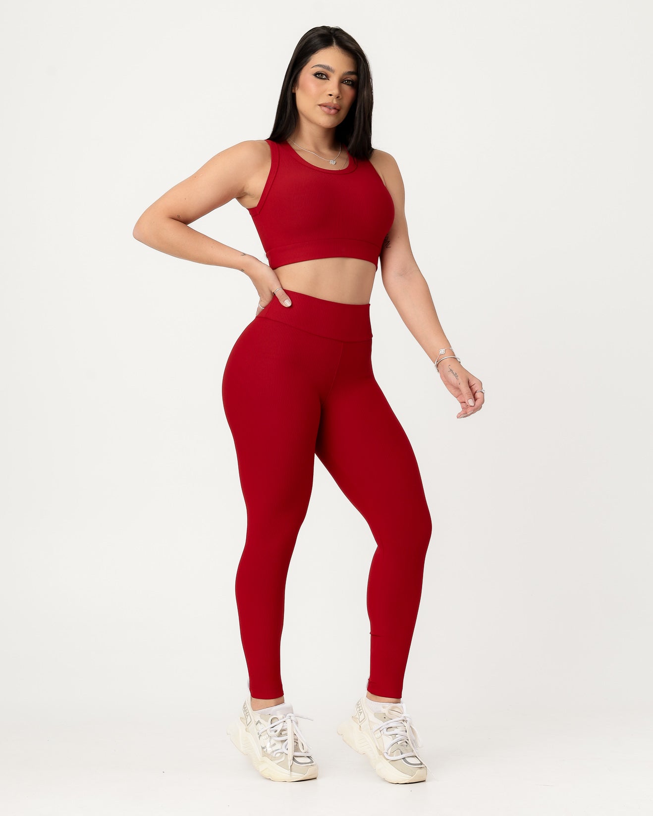 Conjunto Canelado Relevo 3D Cropped Regata e Calça Legging Vermelho (1)