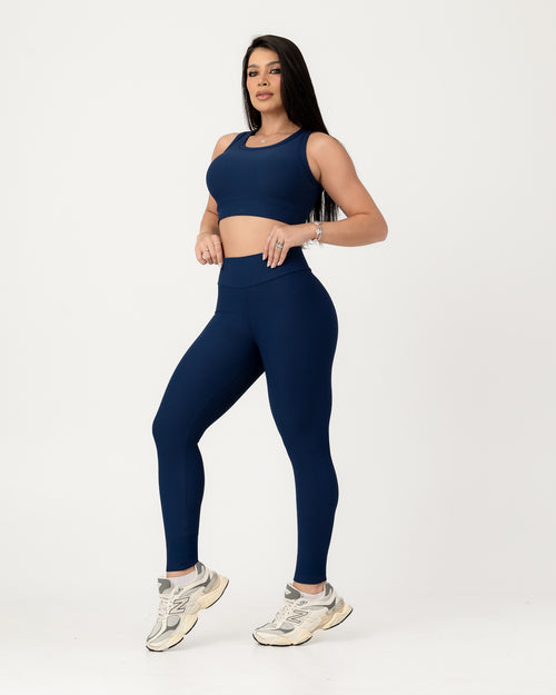 Conjunto Canelado Relevo 3D Cropped Regata e Calça Legging Azul Marinho (2)