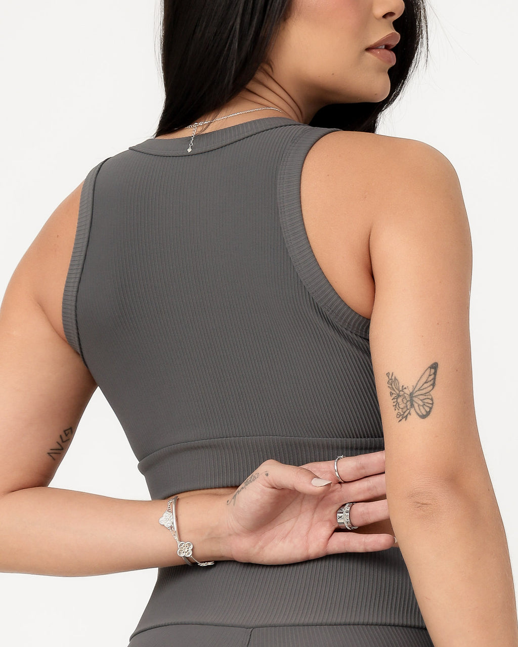Conjunto Canelado Relevo 3D Cropped Regata e Calça Legging Cinza Médio (4)