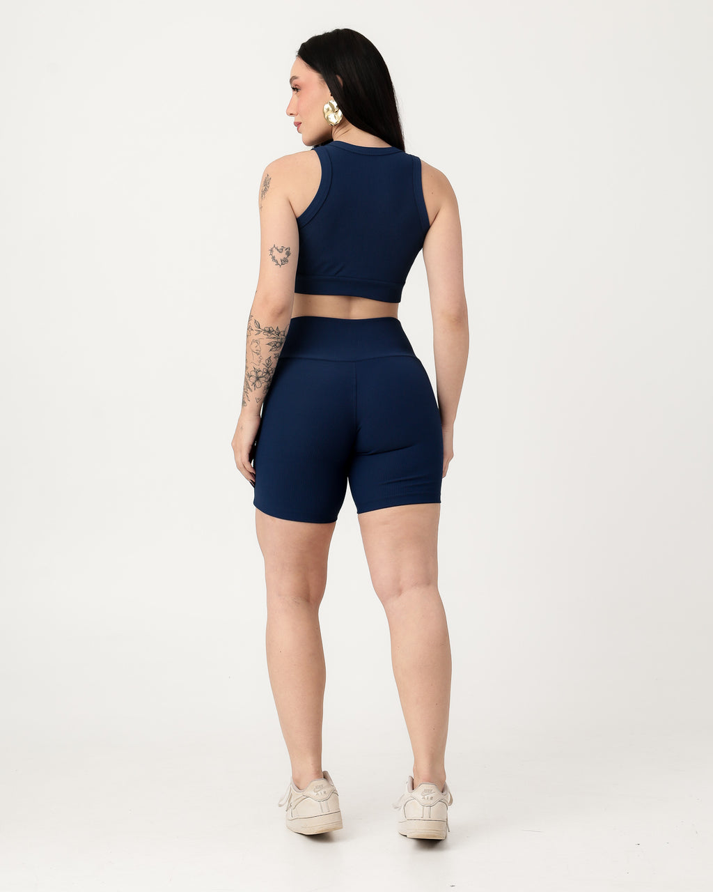 Conjunto Canelado Relevo 3D Cropped Regata e Short Cintura Alta Modelador Azul Marinho (2)