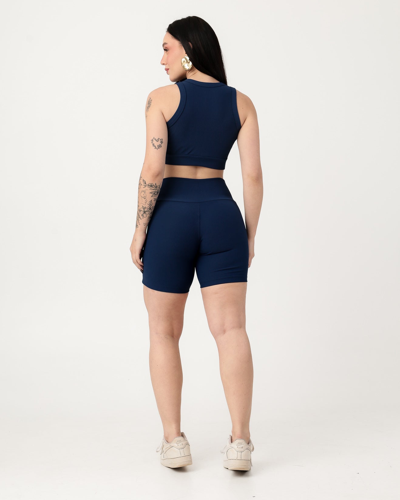 Conjunto Canelado Relevo 3D Cropped Regata e Short Cintura Alta Modelador Azul Marinho (2)