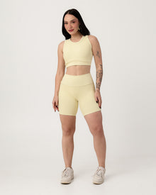 Conjunto Canelado Relevo 3D Cropped Regata e Short Cintura Alta Modelador Amarelo Bebê