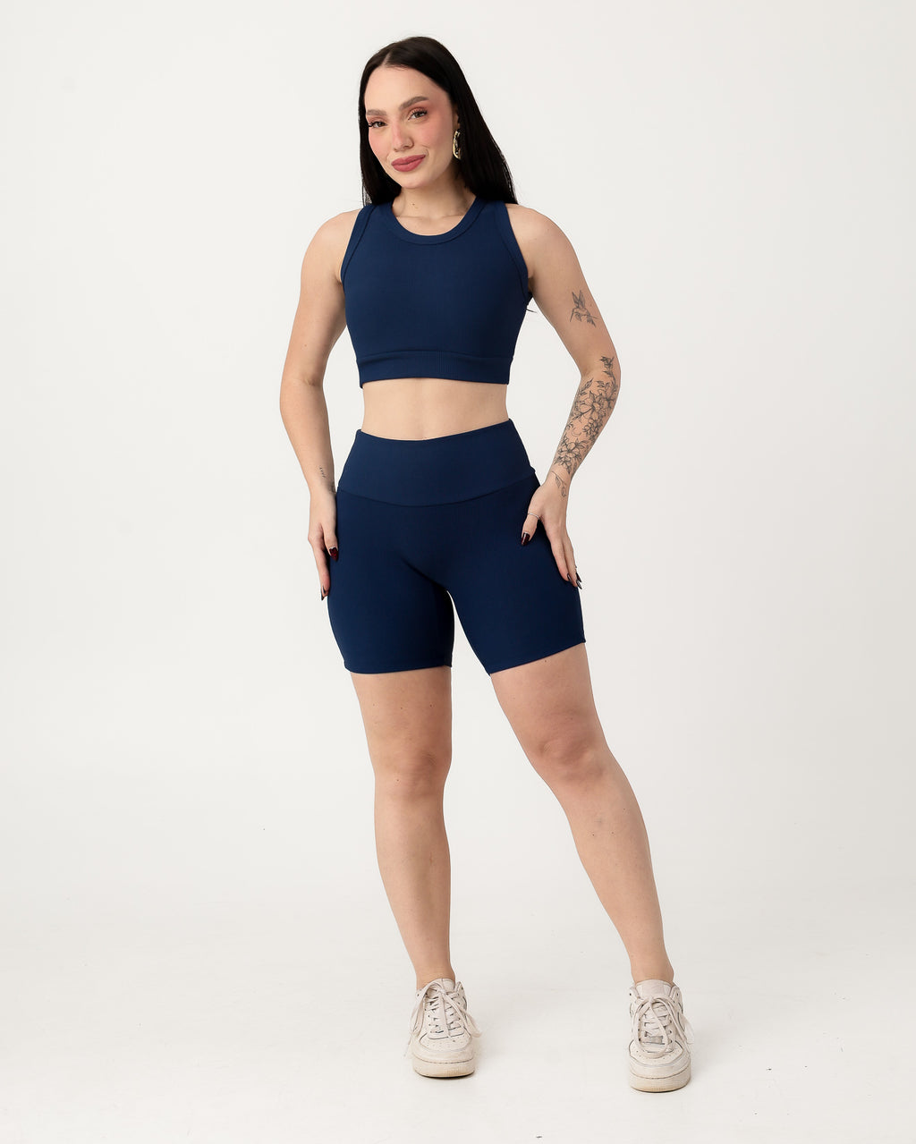 Conjunto Canelado Relevo 3D Cropped Regata e Short Cintura Alta Modelador Azul Marinho (1)