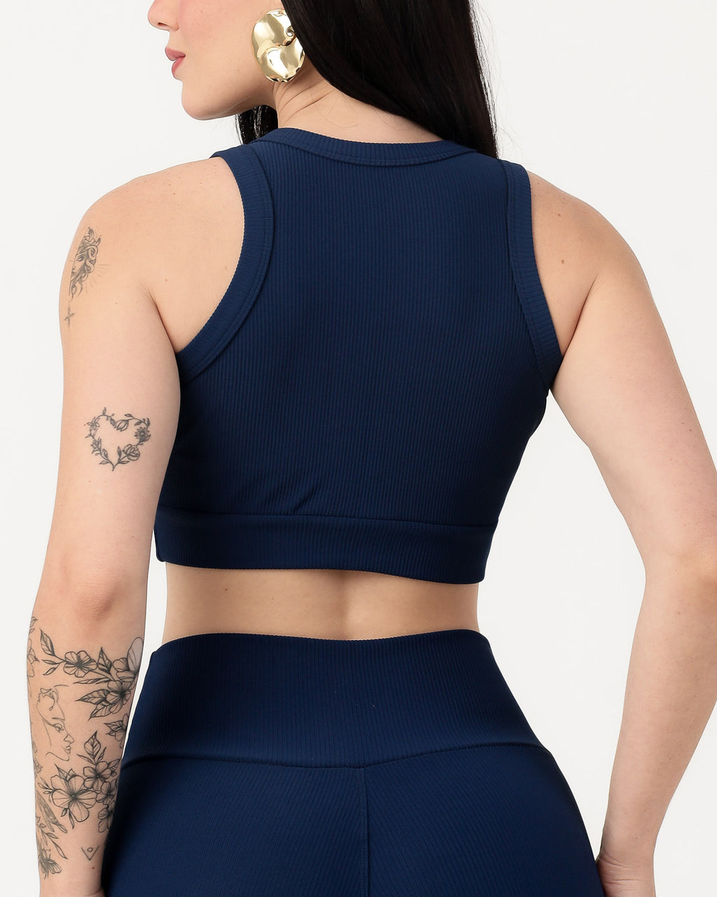 Conjunto Canelado Relevo 3D Cropped Regata e Short Cintura Alta Modelador Azul Marinho (4)