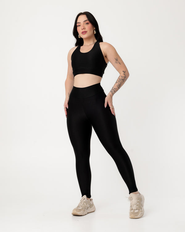 Conjunto Canelado Top Cruzado nas Costas e Calça Legging Poliamida Preto (1)