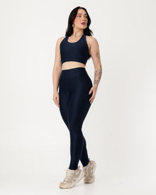 Conjunto Canelado Top Cruzado nas Costas e Calça Legging Poliamida Azul Marinho