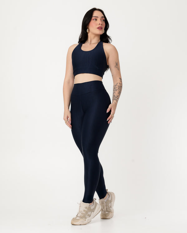 Conjunto Canelado Top Cruzado nas Costas e Calça Legging Poliamida Azul Marinho (1)
