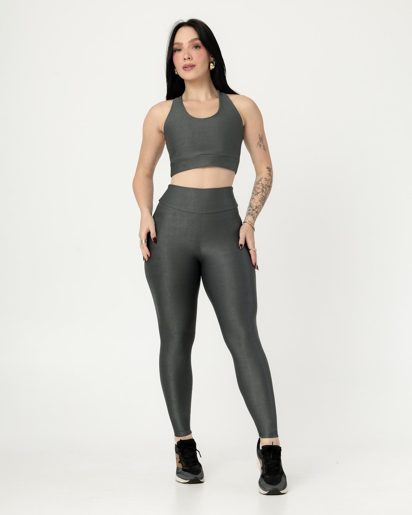 Conjunto Canelado Top Cruzado nas Costas e Calça Legging Poliamida Cinza Médio (1)