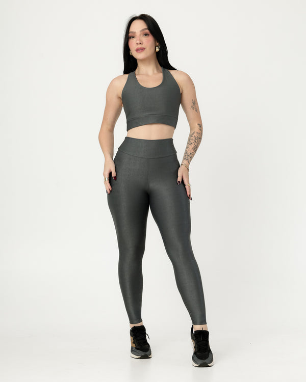Conjunto Canelado Top Cruzado nas Costas e Calça Legging Poliamida Cinza Médio (1)