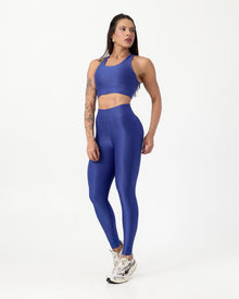Conjunto Canelado Top Cruzado nas Costas e Calça Legging Poliamida Azul Caneta