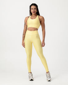 Conjunto Canelado Top Cruzado nas Costas e Calça Legging Poliamida Amarelo Suave