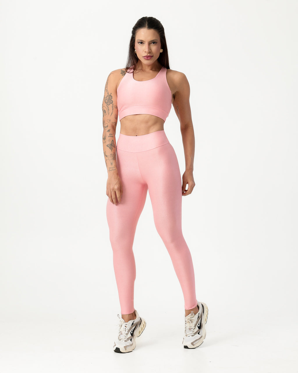 Conjunto Canelado Top Cruzado nas Costas e Calça Legging Poliamida Rosa Claro (1)