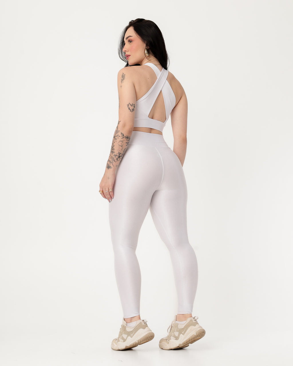 Conjunto Canelado Top Cruzado nas Costas e Calça Legging Poliamida Branco (2)