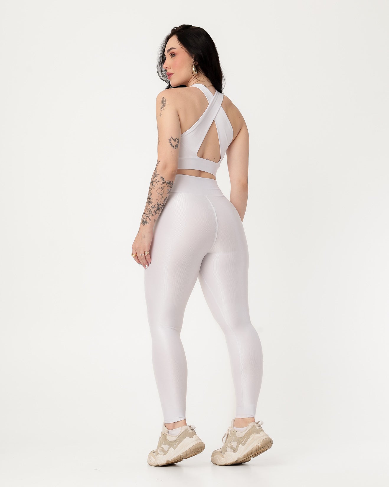 Conjunto Canelado Top Cruzado nas Costas e Calça Legging Poliamida Branco (2)