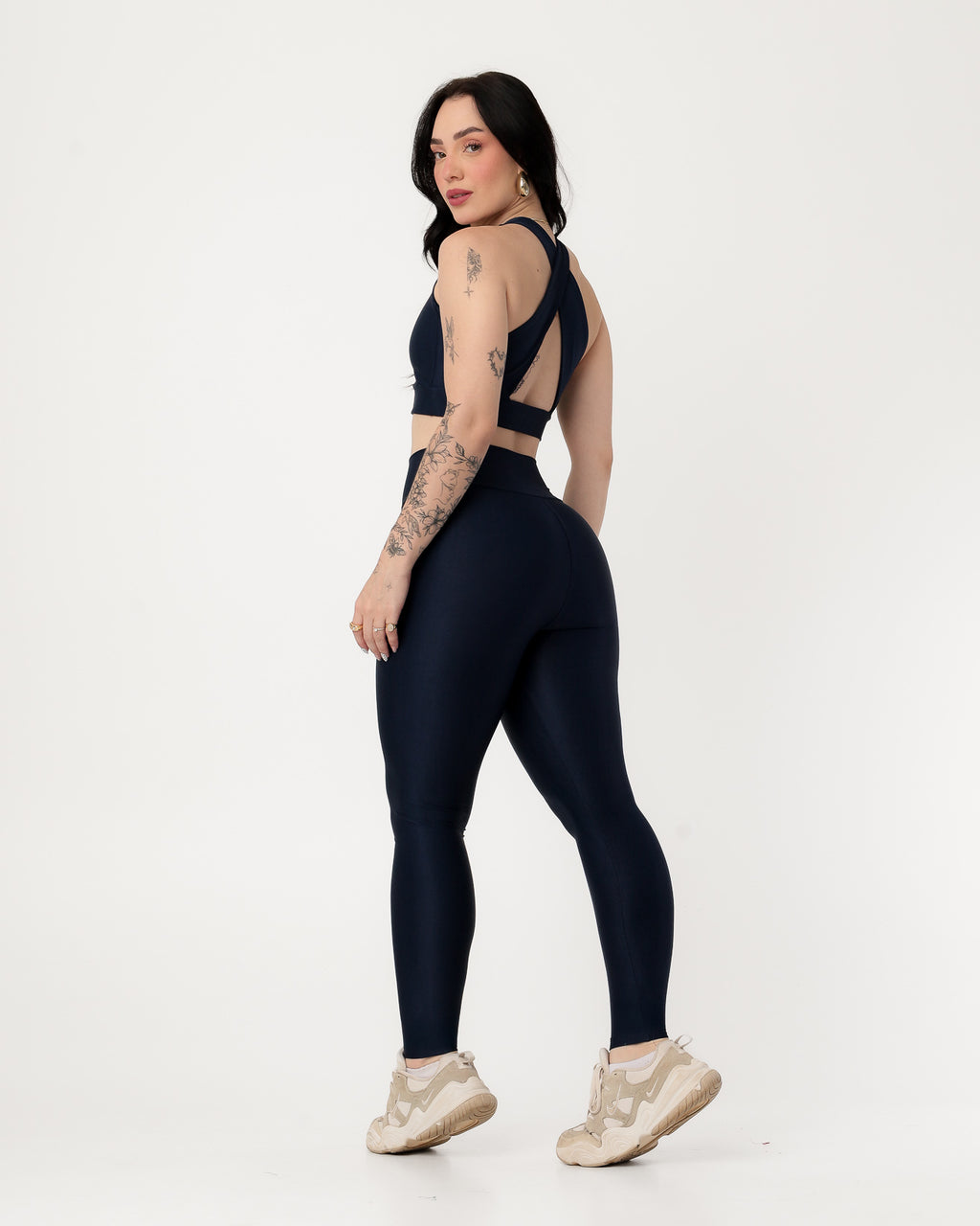 Conjunto Canelado Top Cruzado nas Costas e Calça Legging Poliamida Azul Marinho (2)