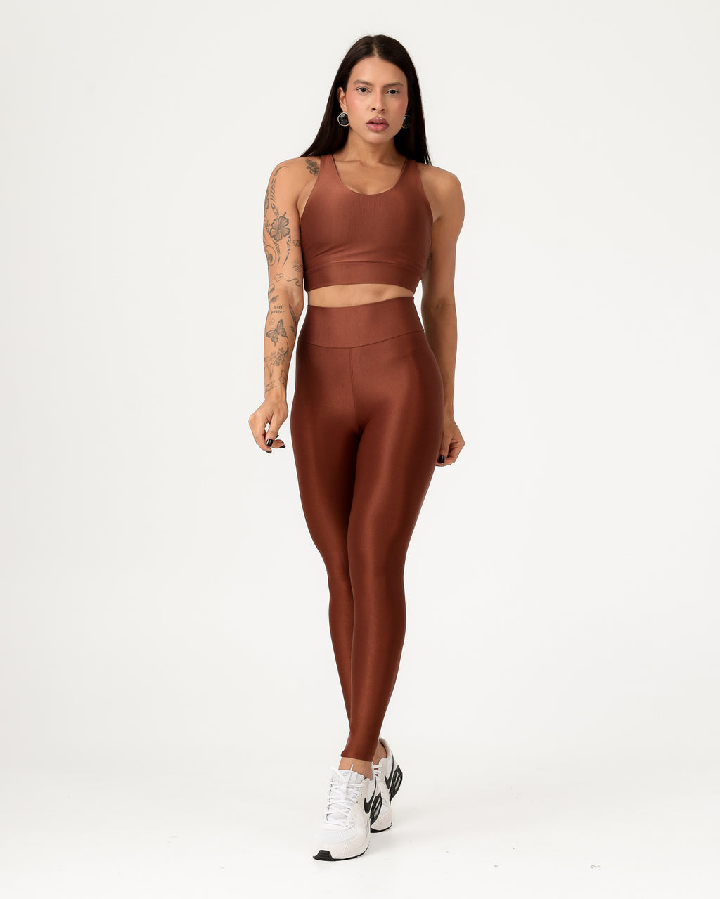 Conjunto Canelado Top Cruzado nas Costas e Calça Legging Poliamida Marrom (2)