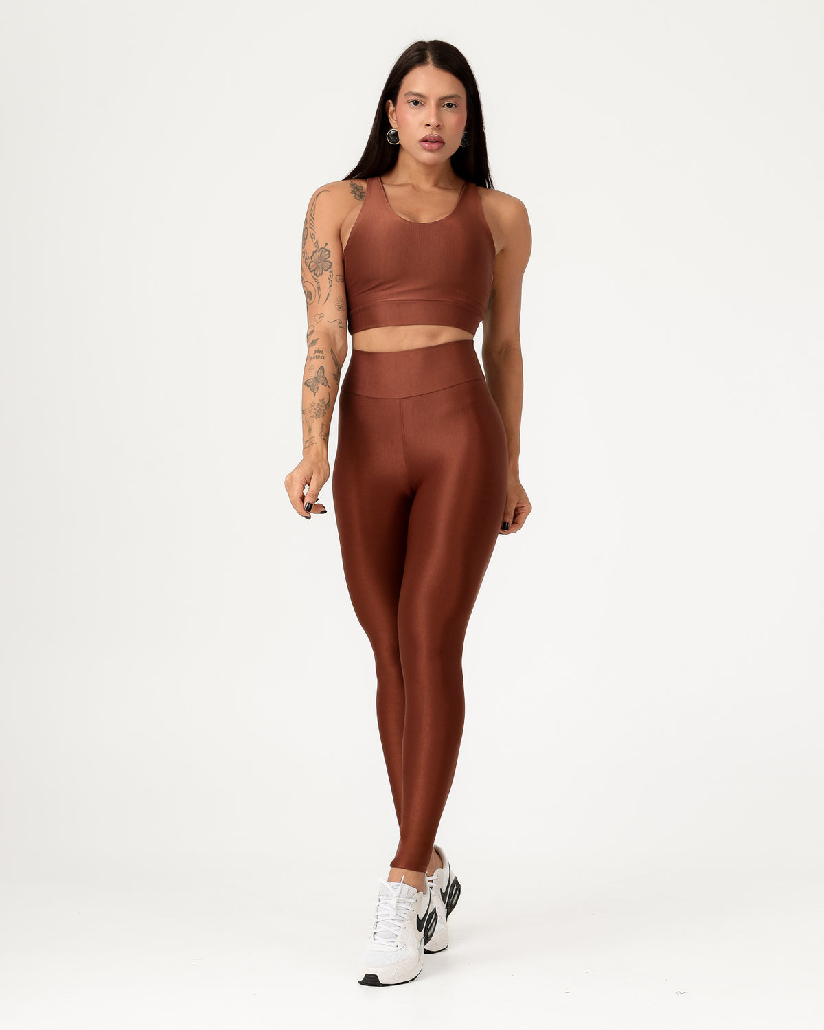Conjunto Canelado Top Cruzado nas Costas e Calça Legging Poliamida Marrom (2)