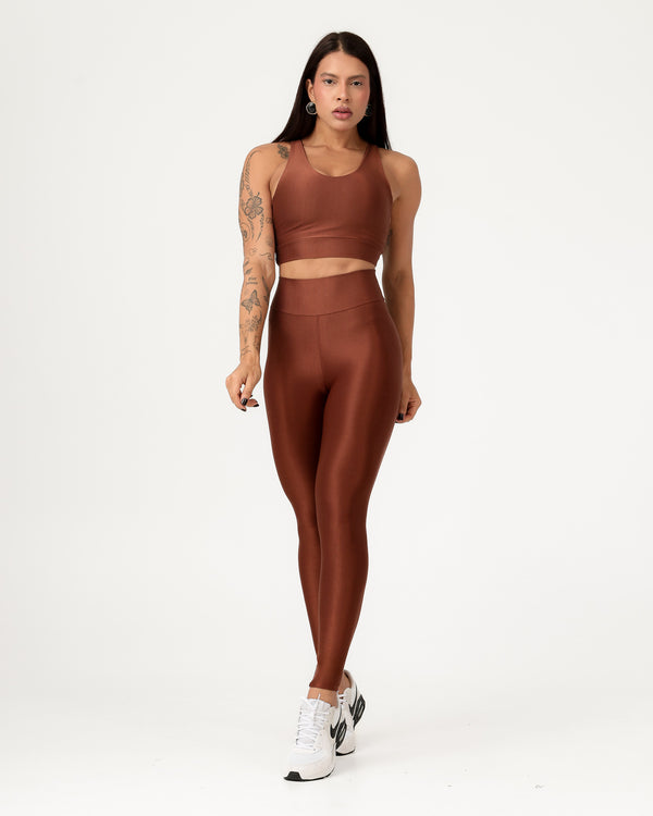 Conjunto Canelado Top Cruzado nas Costas e Calça Legging Poliamida Marrom (2)