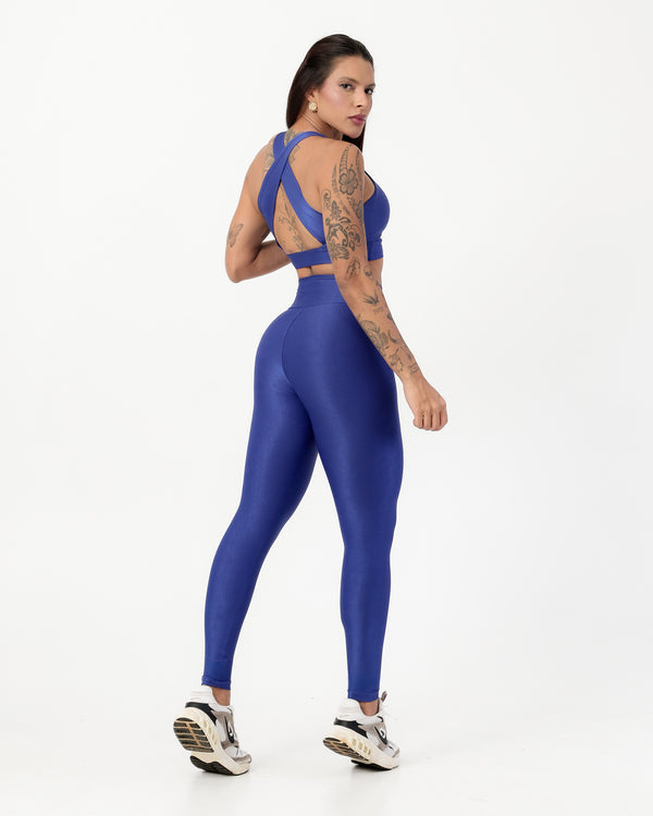 Conjunto Canelado Top Cruzado nas Costas e Calça Legging Poliamida Azul Caneta (2)