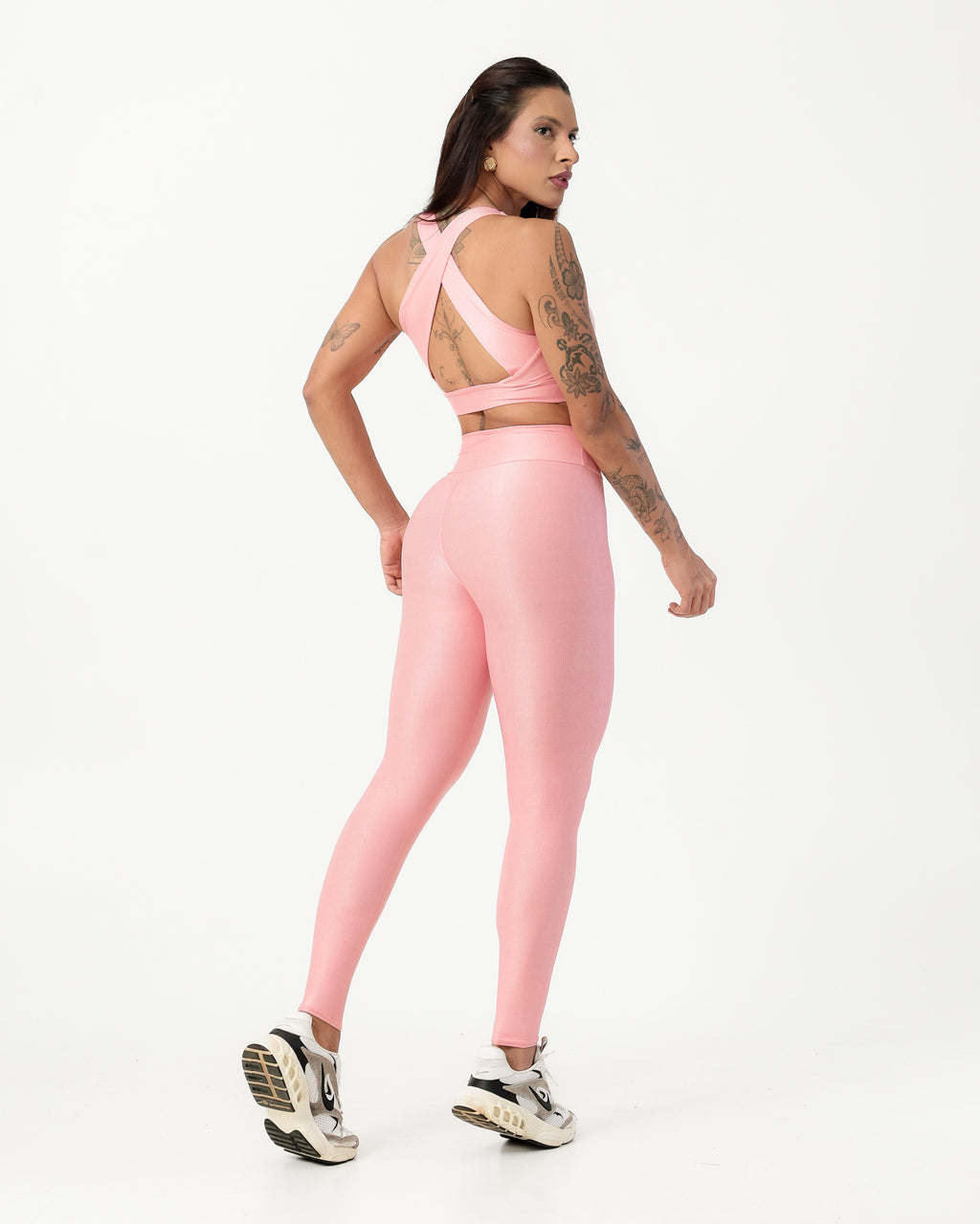 Conjunto Canelado Top Cruzado nas Costas e Calça Legging Poliamida Rosa Claro (2)