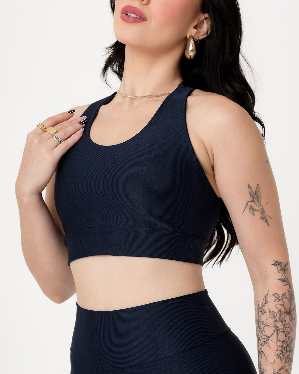 Conjunto Canelado Top Cruzado nas Costas e Calça Legging Poliamida Azul Marinho (3)
