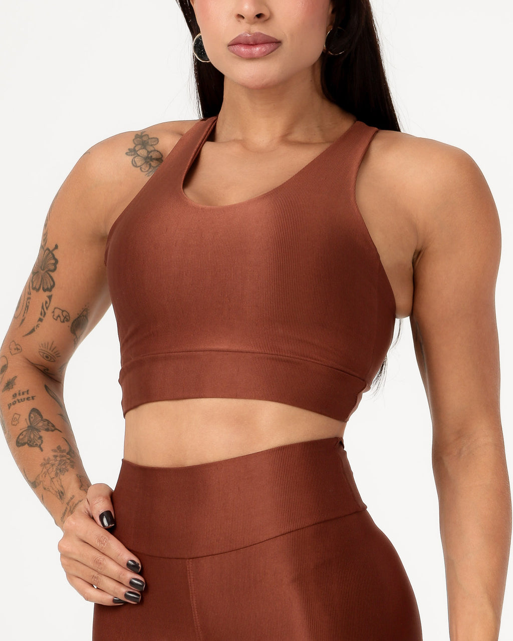 Conjunto Canelado Top Cruzado nas Costas e Calça Legging Poliamida Marrom (3)