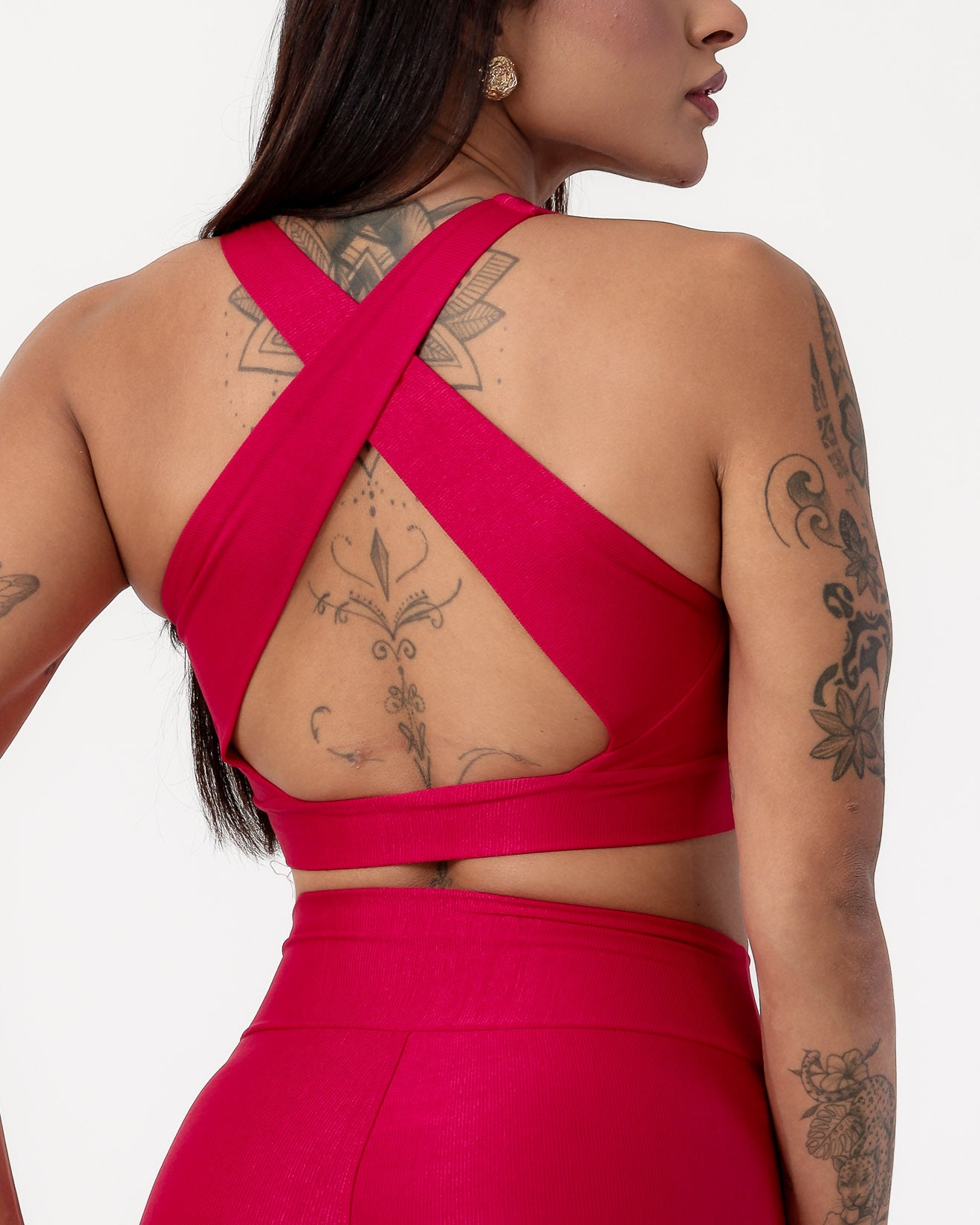 Conjunto Canelado Top Cruzado nas Costas e Calça Legging Poliamida Rosa Pink (3)