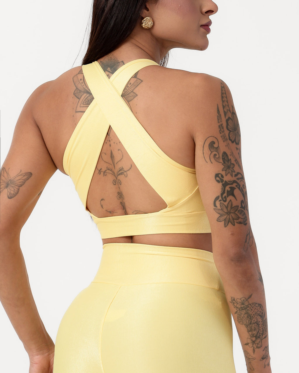 Conjunto Canelado Top Cruzado nas Costas e Calça Legging Poliamida Amarelo Suave (3)
