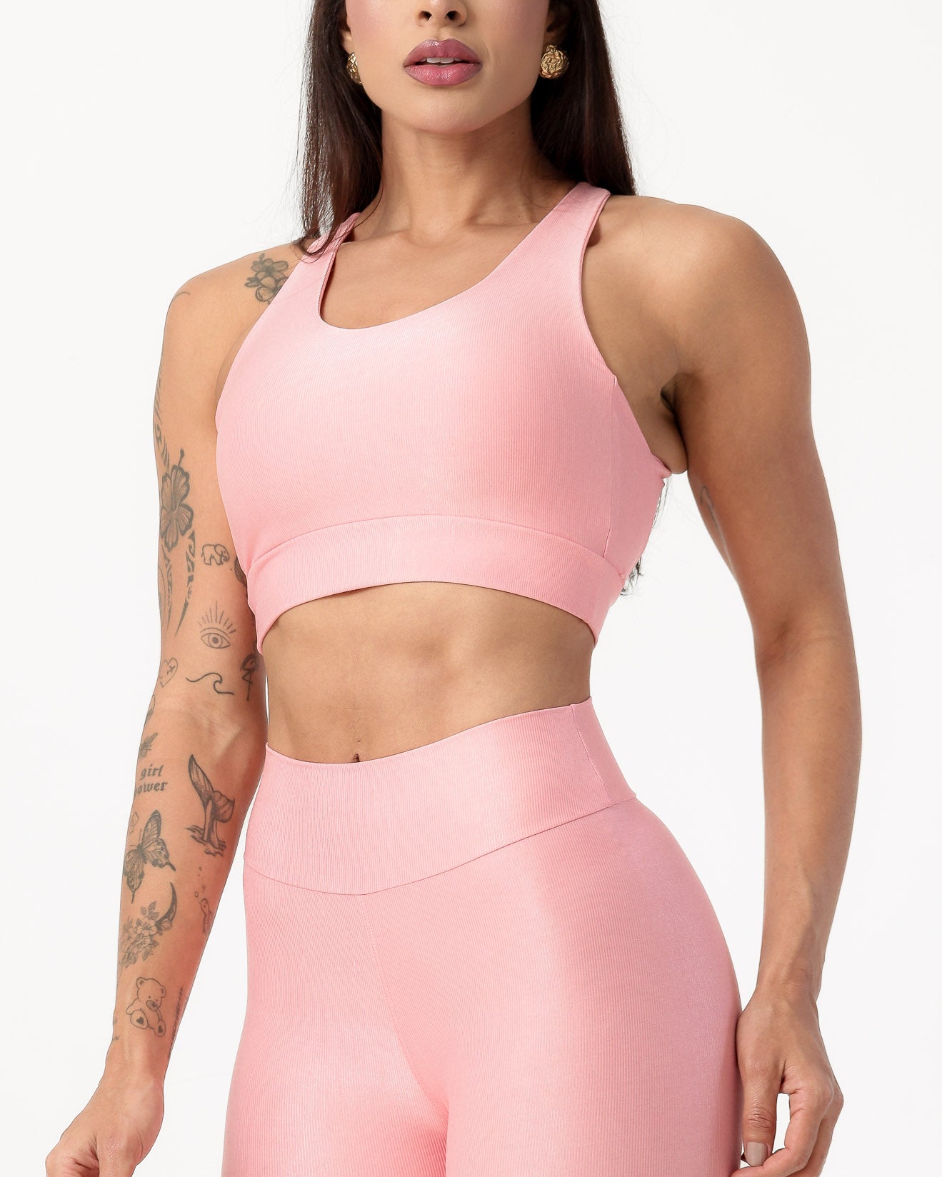 Conjunto Canelado Top Cruzado nas Costas e Calça Legging Poliamida Rosa Claro (3)