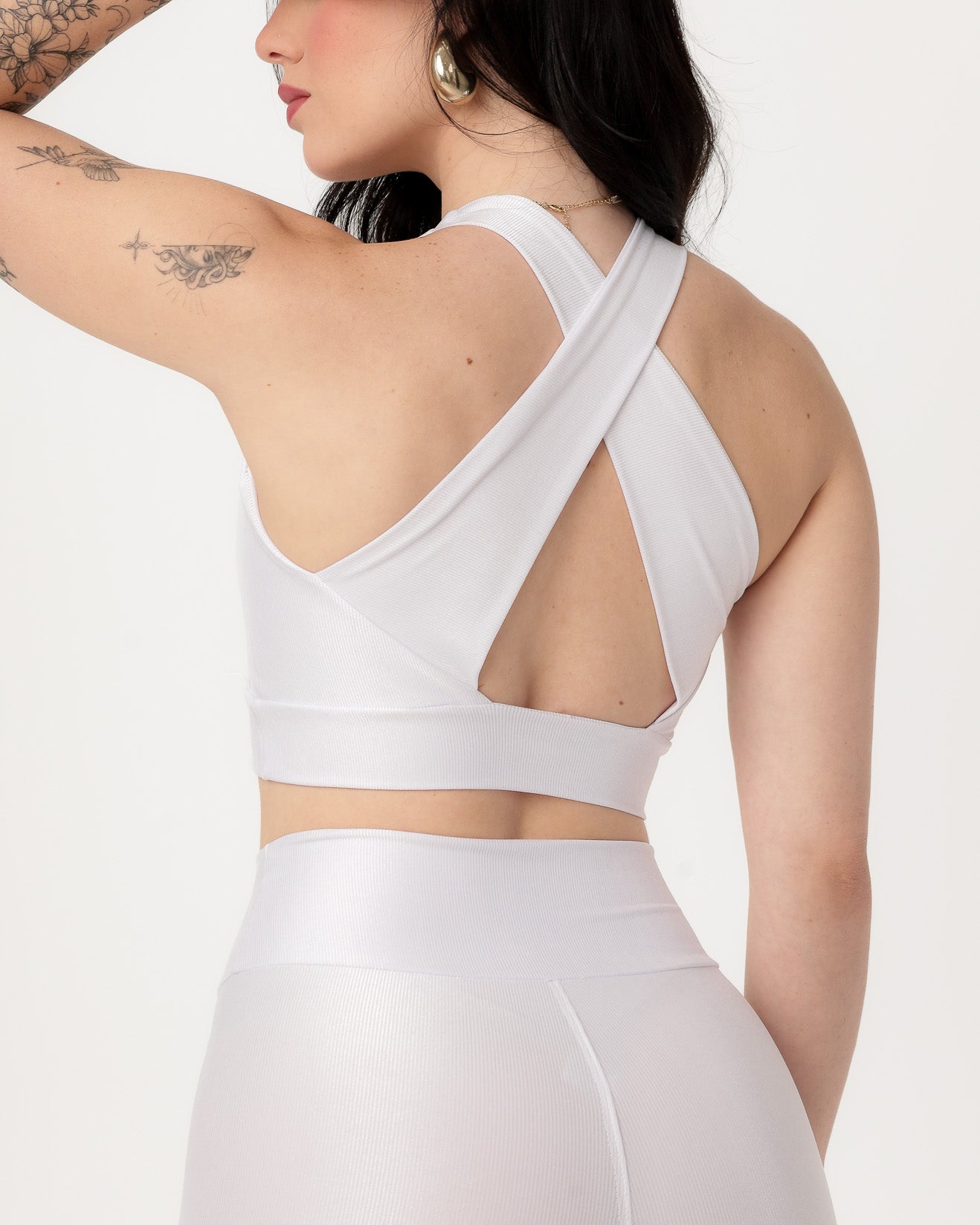 Conjunto Canelado Top Cruzado nas Costas e Calça Legging Poliamida Branco (4)