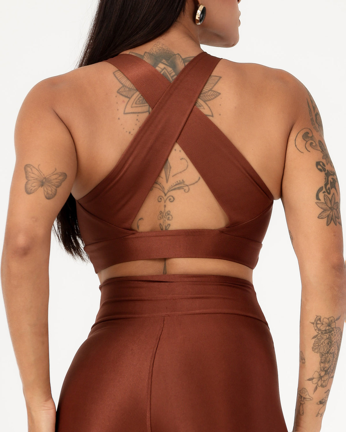 Conjunto Canelado Top Cruzado nas Costas e Calça Legging Poliamida Marrom (4)