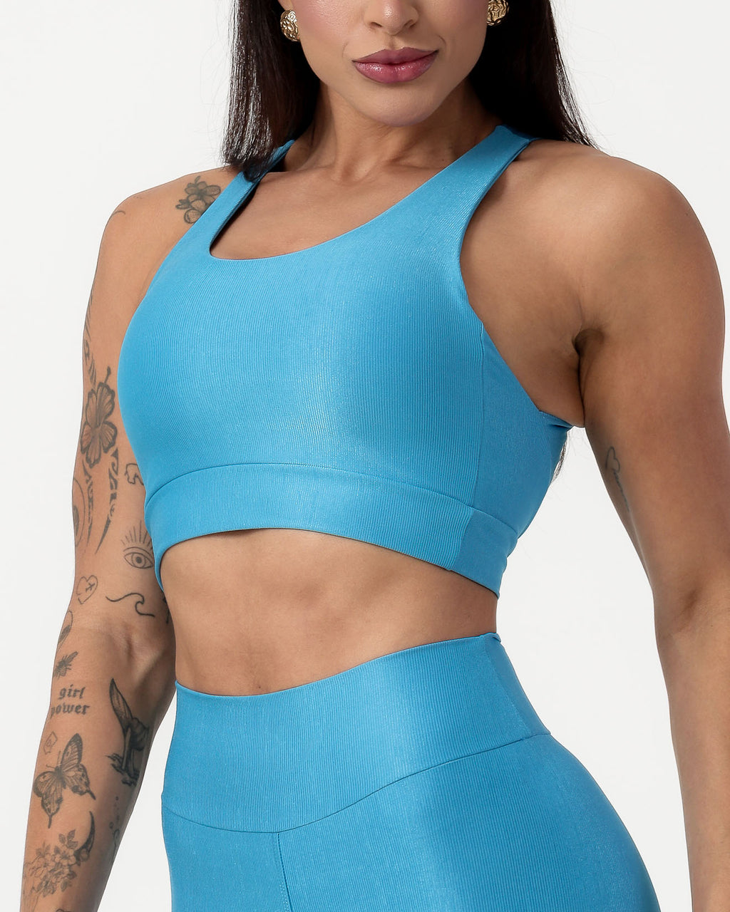 Conjunto Canelado Top Cruzado nas Costas e Calça Legging Poliamida Azul (4)