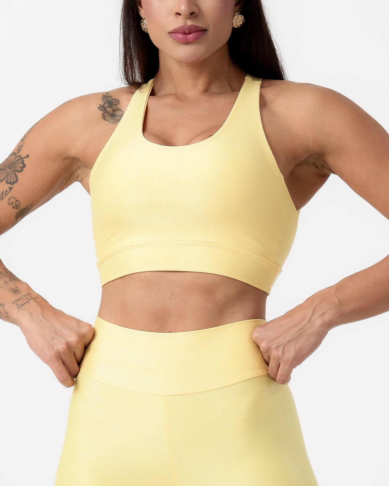 Conjunto Canelado Top Cruzado nas Costas e Calça Legging Poliamida Amarelo Suave (4)