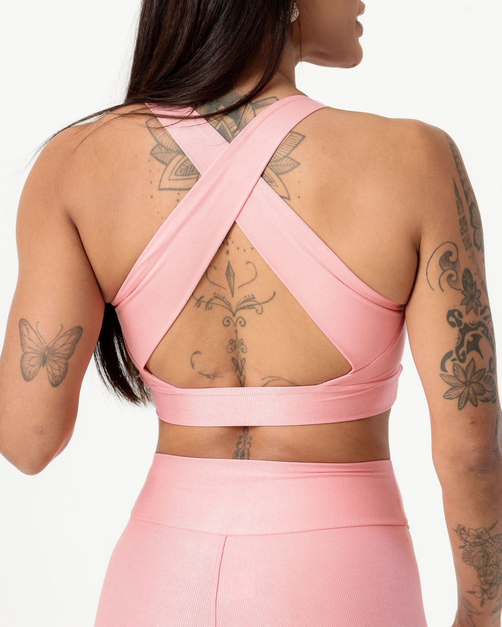 Conjunto Canelado Top Cruzado nas Costas e Calça Legging Poliamida Rosa Claro (4)