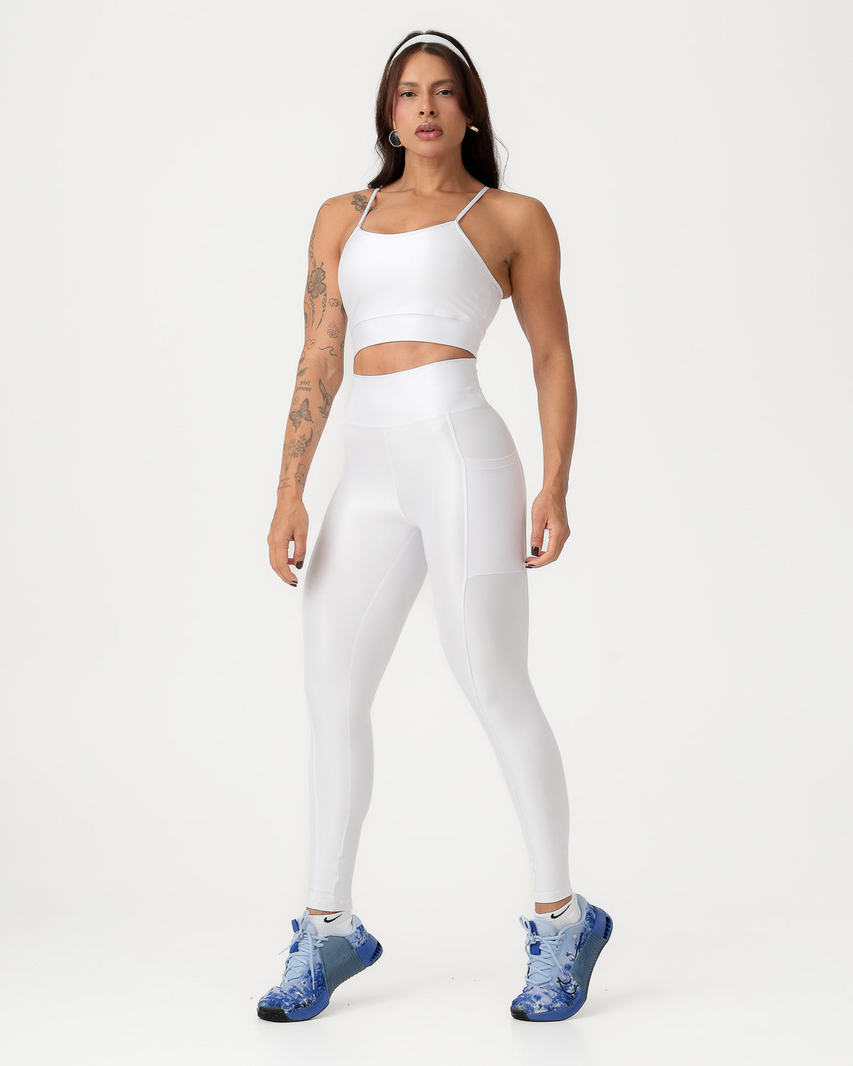 Conjunto Canelado Top de Alça e Calça Legging com Bolso Poliamida Branco (1)