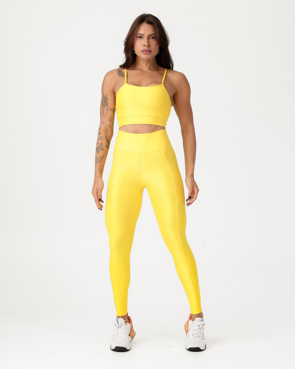Conjunto Canelado Top de Alça e Calça Legging com Bolso Poliamida Amarelo Canário (1)