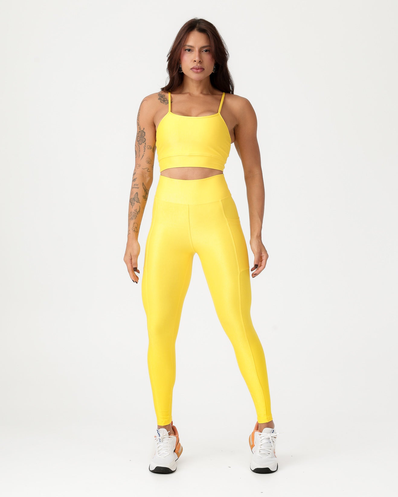 Conjunto Canelado Top de Alça e Calça Legging com Bolso Poliamida Amarelo Canário (1)