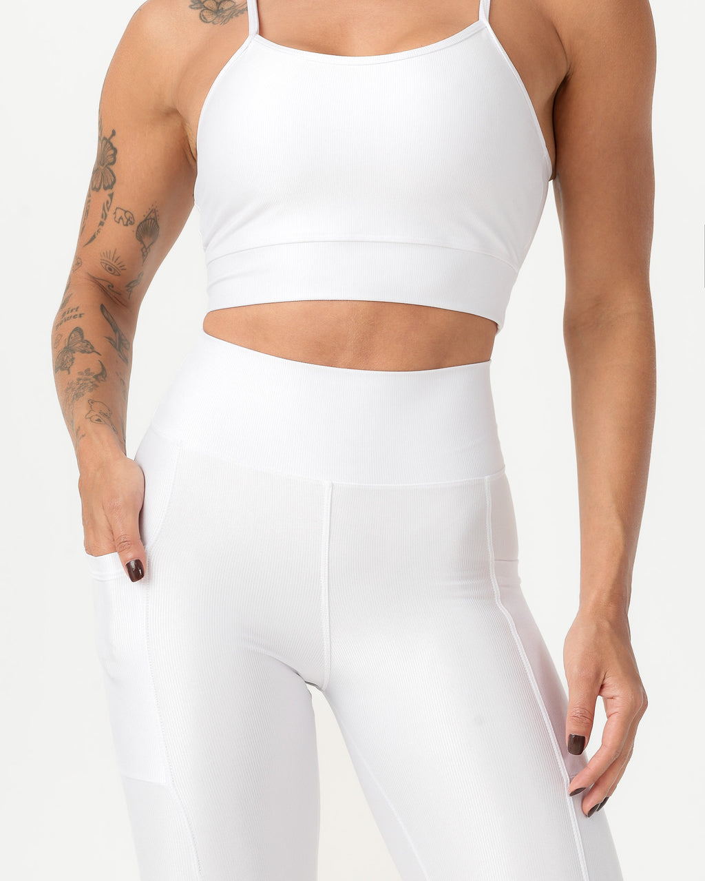 Conjunto Canelado Top de Alça e Calça Legging com Bolso Poliamida Branco (3)