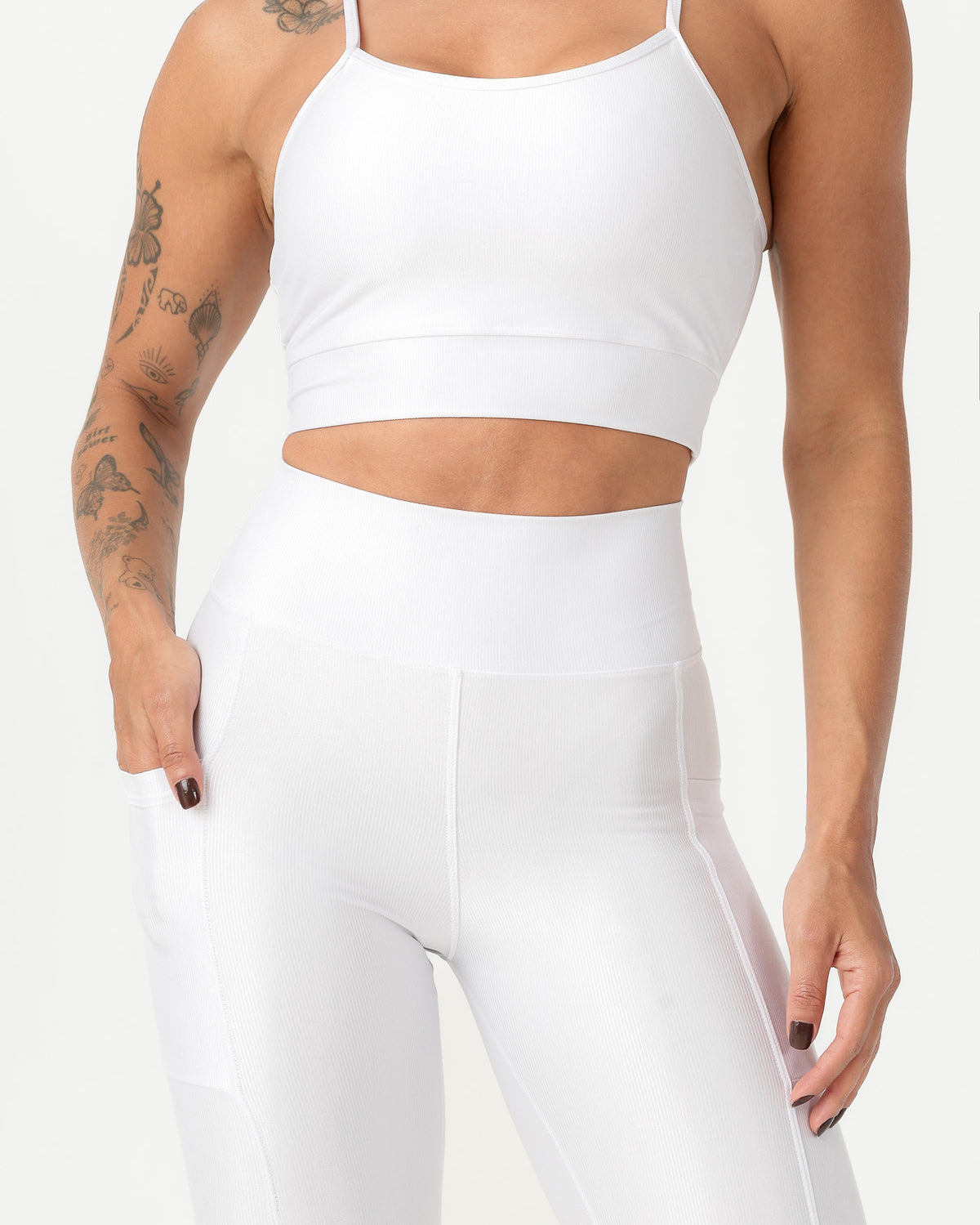 Conjunto Canelado Top de Alça e Calça Legging com Bolso Poliamida Branco (3)