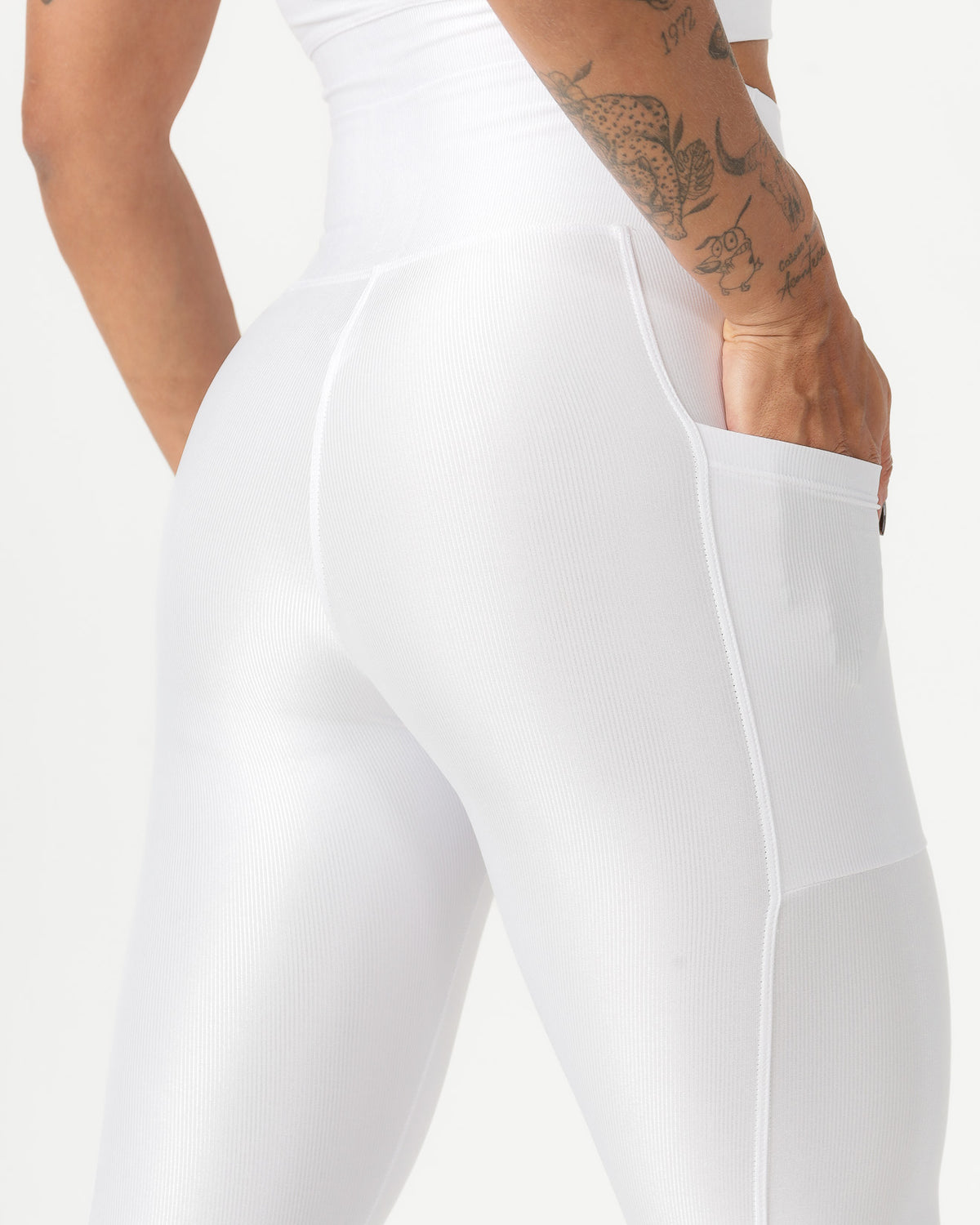 Conjunto Canelado Top de Alça e Calça Legging com Bolso Poliamida Branco (4)