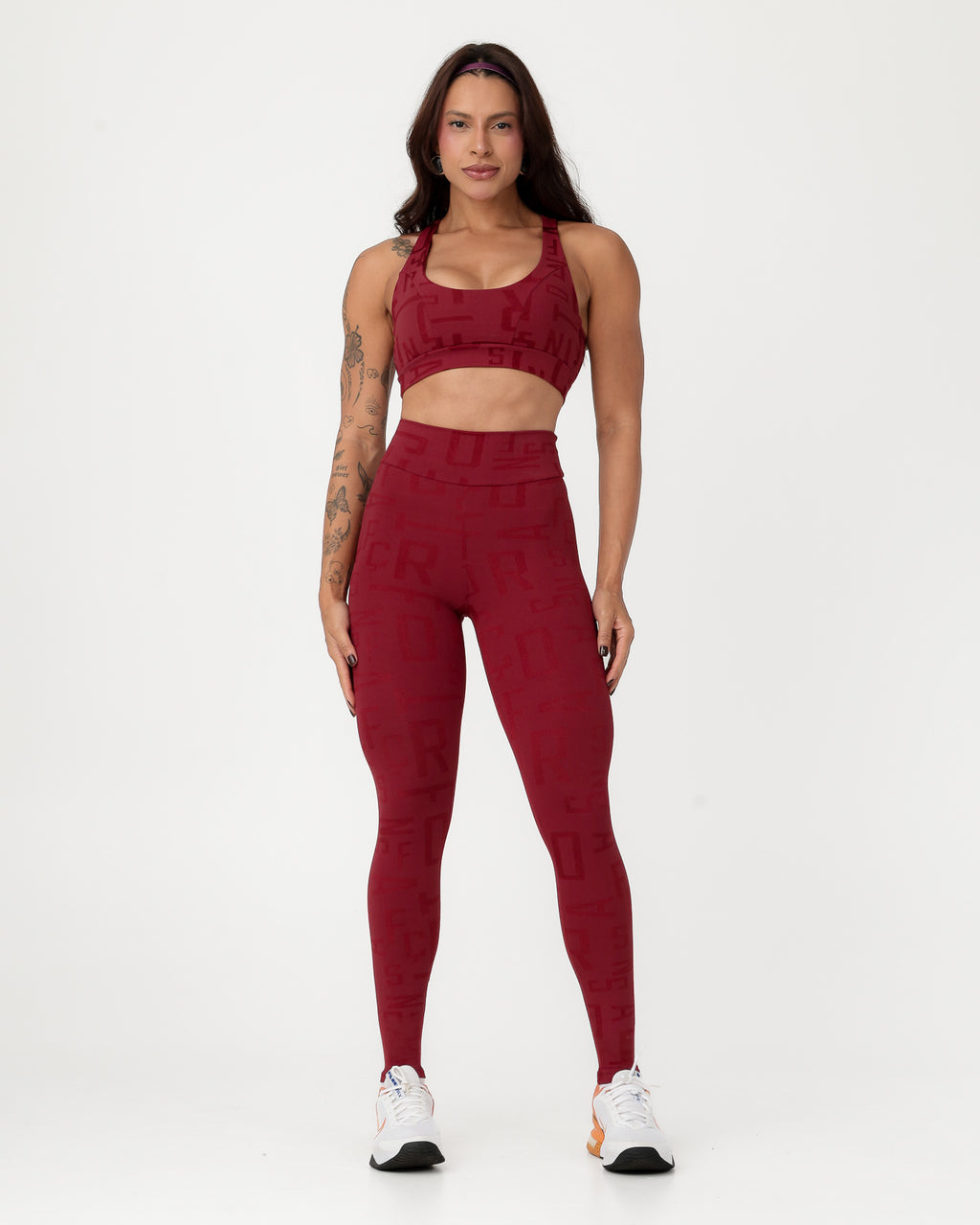 Conjunto Fitness Jacquard Texturizado Top Nadador e Calça Legging Marsala (1)