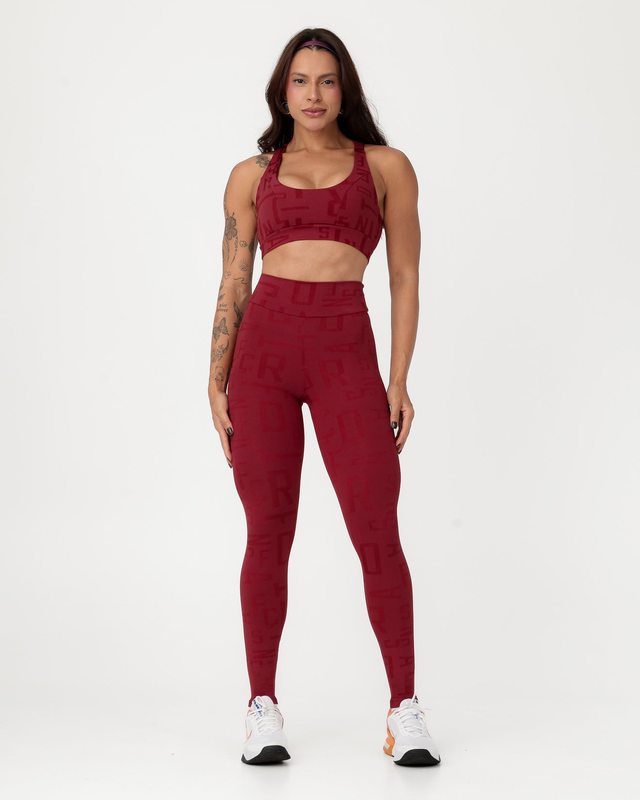 Conjunto Fitness Jacquard Texturizado Top Nadador e Calça Legging Marsala (1)