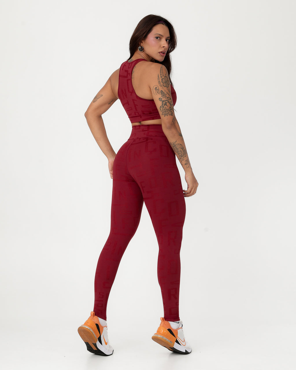 Conjunto Fitness Jacquard Texturizado Top Nadador e Calça Legging Marsala (2)