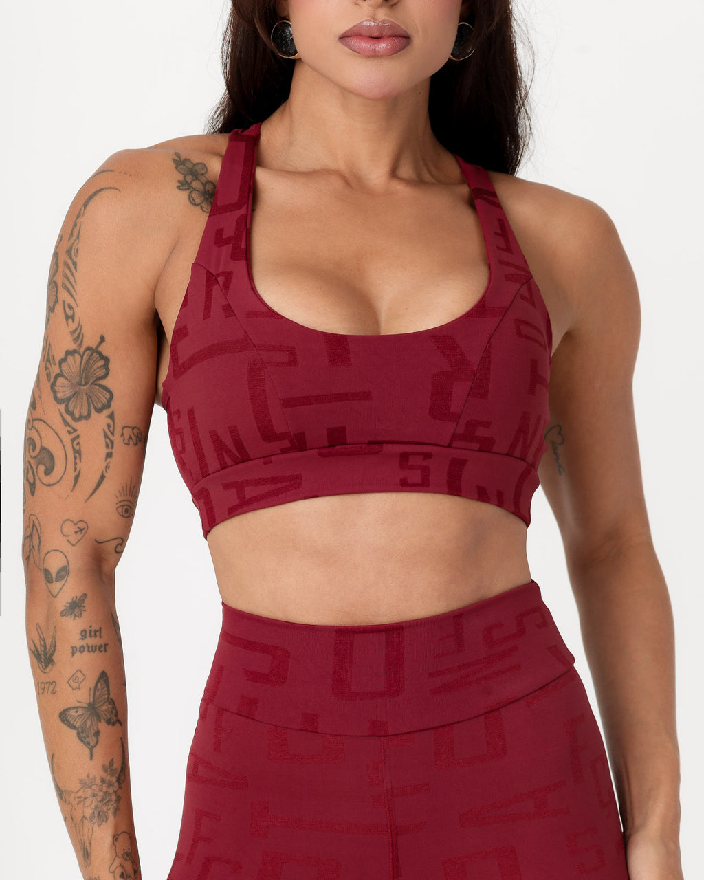 Conjunto Fitness Jacquard Texturizado Top Nadador e Calça Legging Marsala (3)